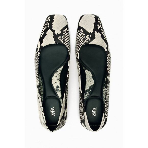 Like New- Zara Animal Print Leather Ballerinas Black and White - 37 - Picture 1 of 7